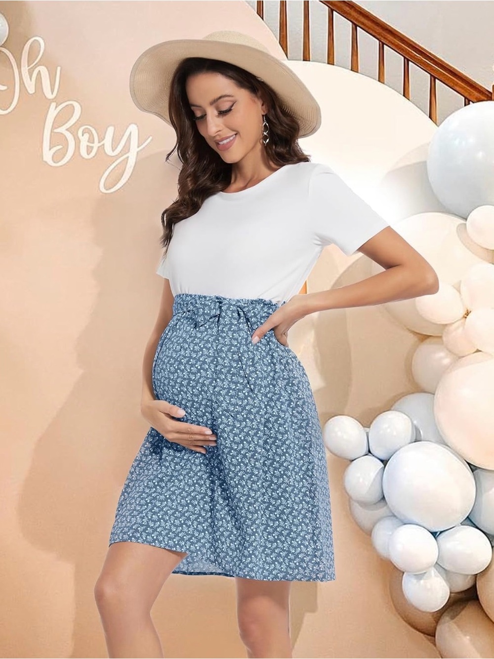 White & Blue Floral Maternity-Friendly Tie Waist Dress Size M